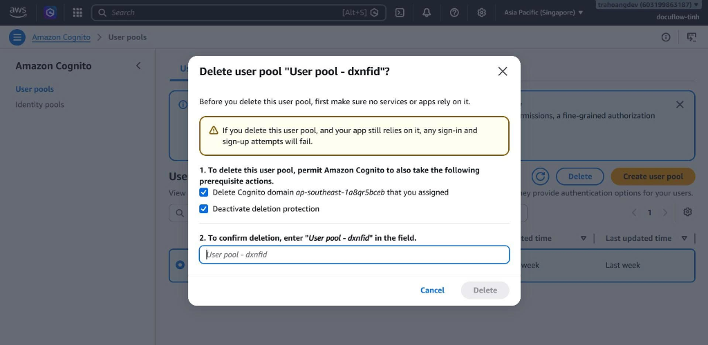 Confirm Delete Cognito User Pool