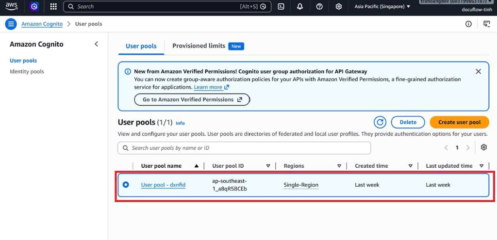 Select Cognito User Pool