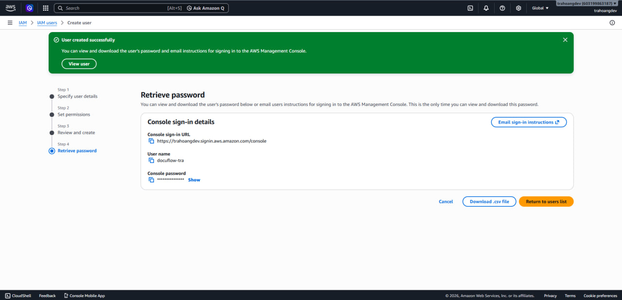 Admin user created and password retrieval screen