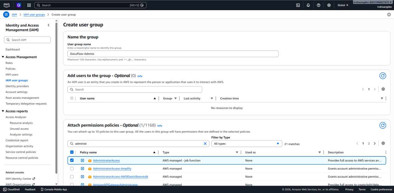 Create the DocuFlow-Admins IAM group