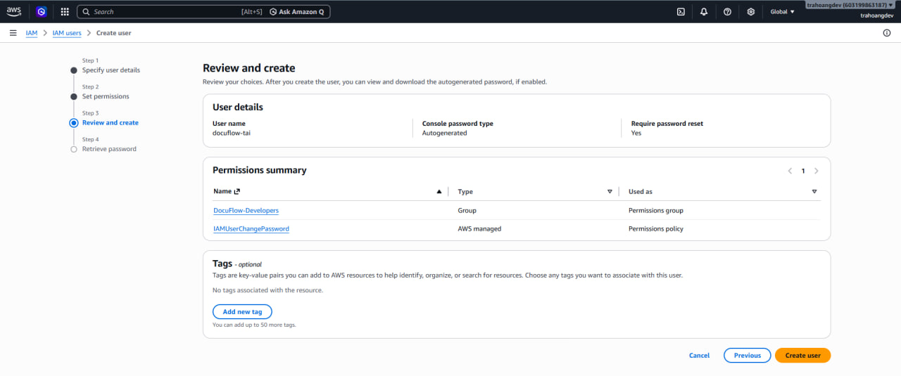 Review permissions before creating the user