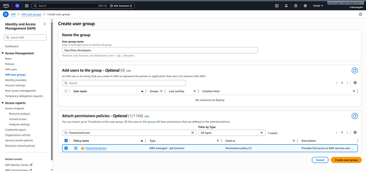 Create the DocuFlow-Developers IAM group