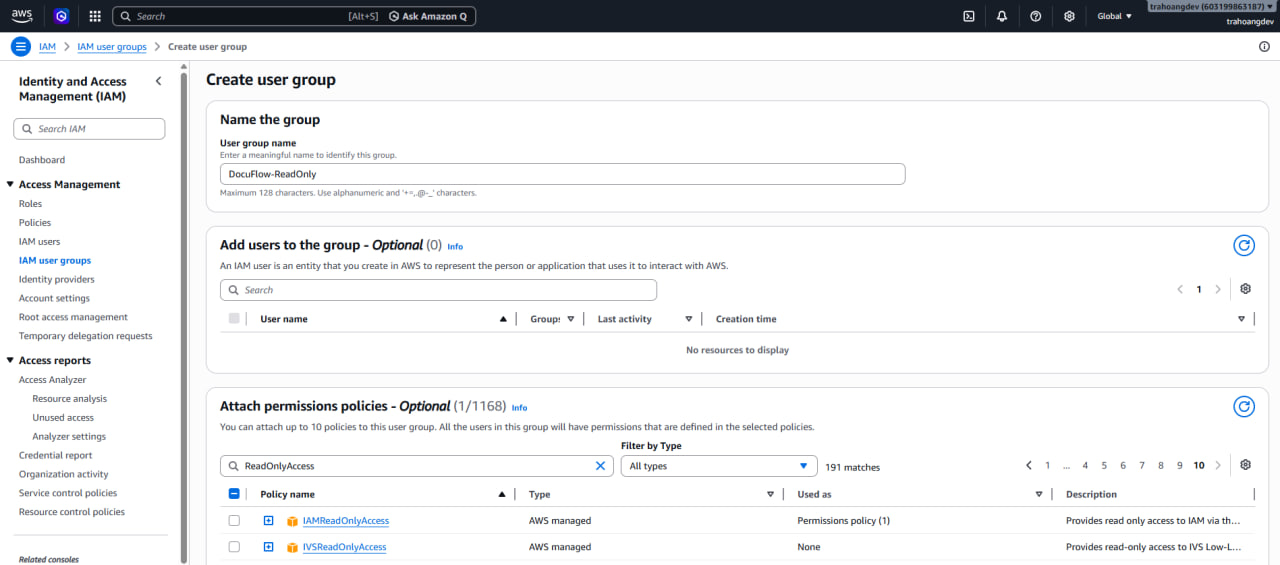 Enter the DocuFlow-ReadOnly IAM group name