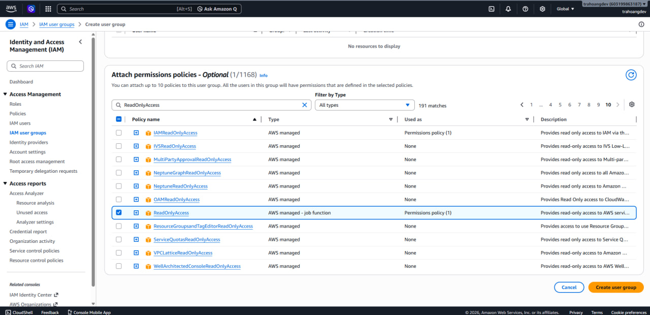 Select the ReadOnlyAccess policy for the group