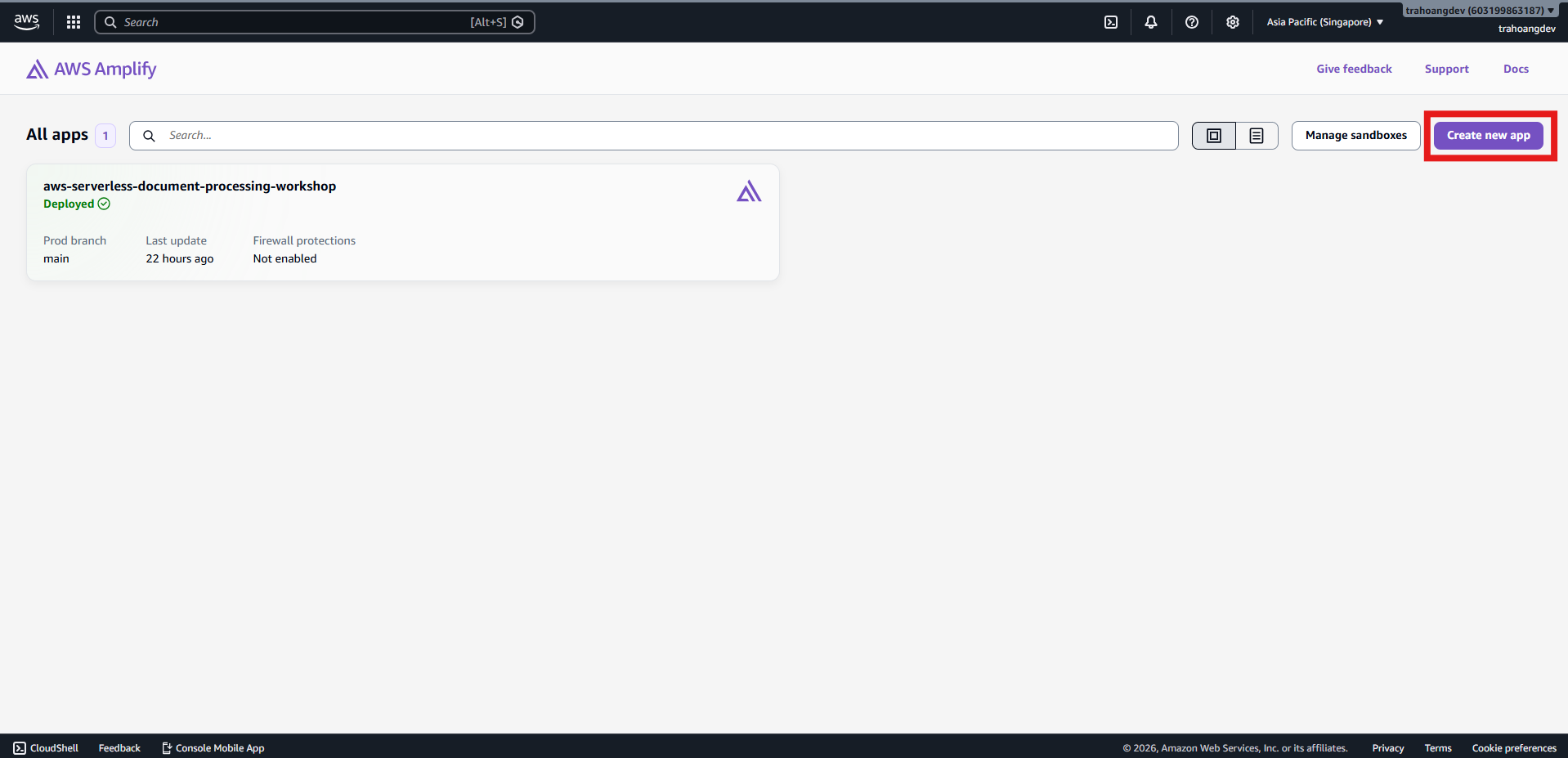 Open AWS Amplify and create a new app