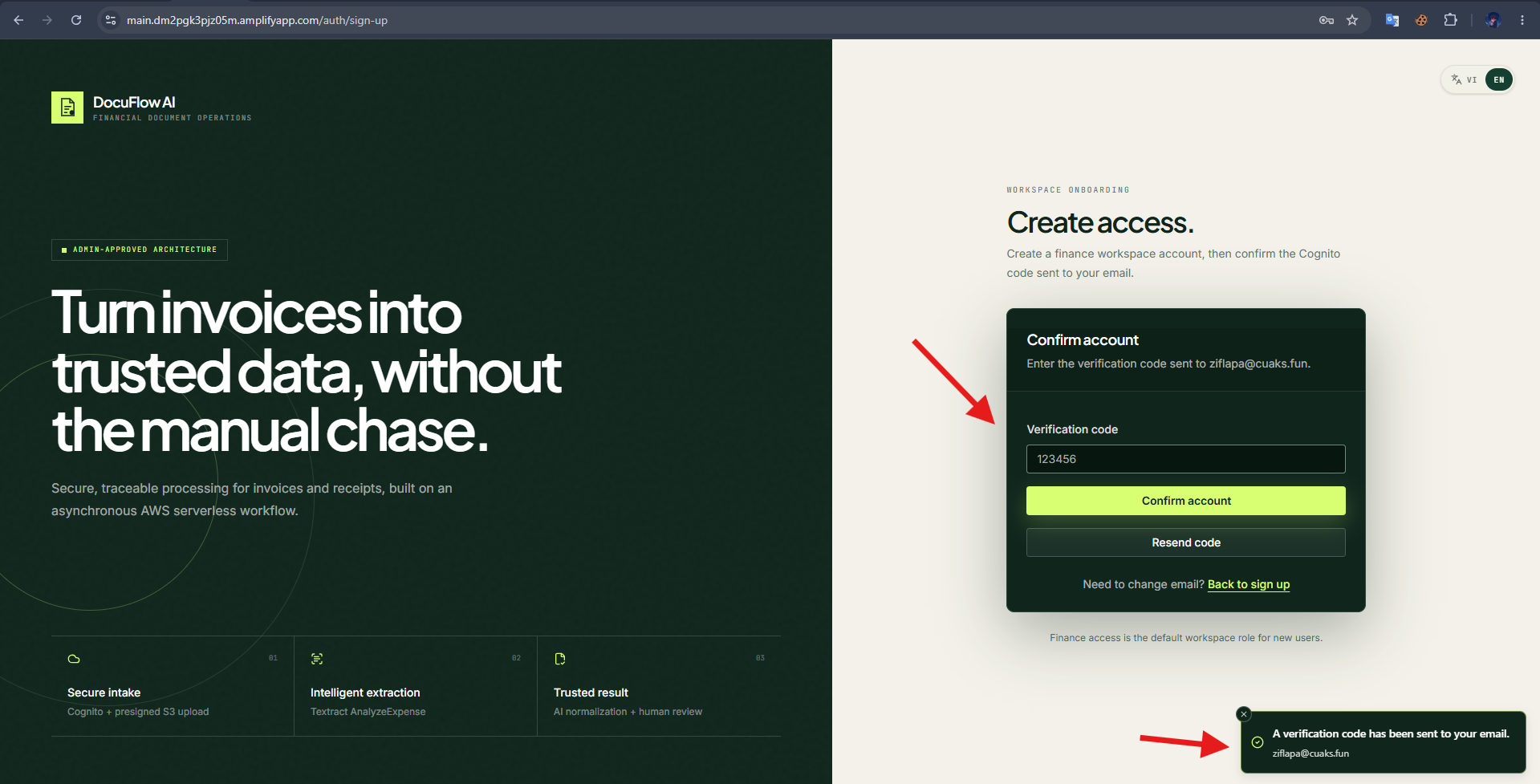 Enter the Cognito verification code