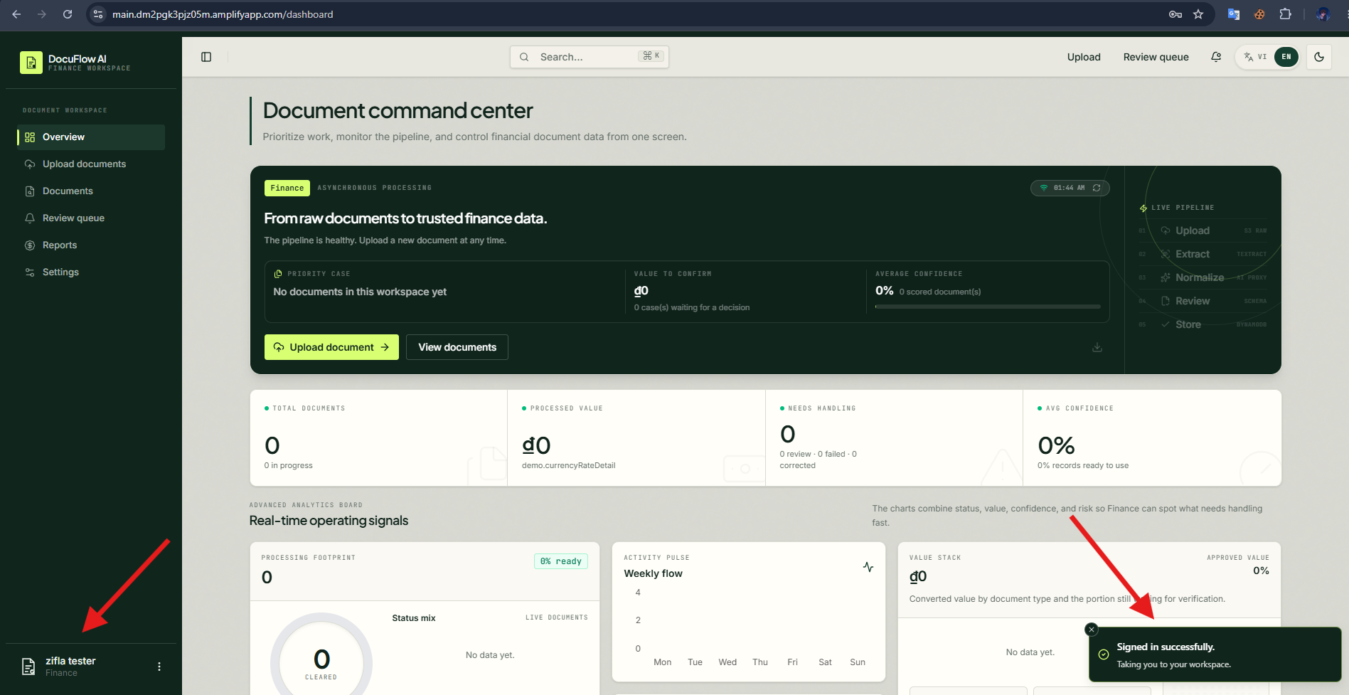 Frontend dashboard after sign-in
