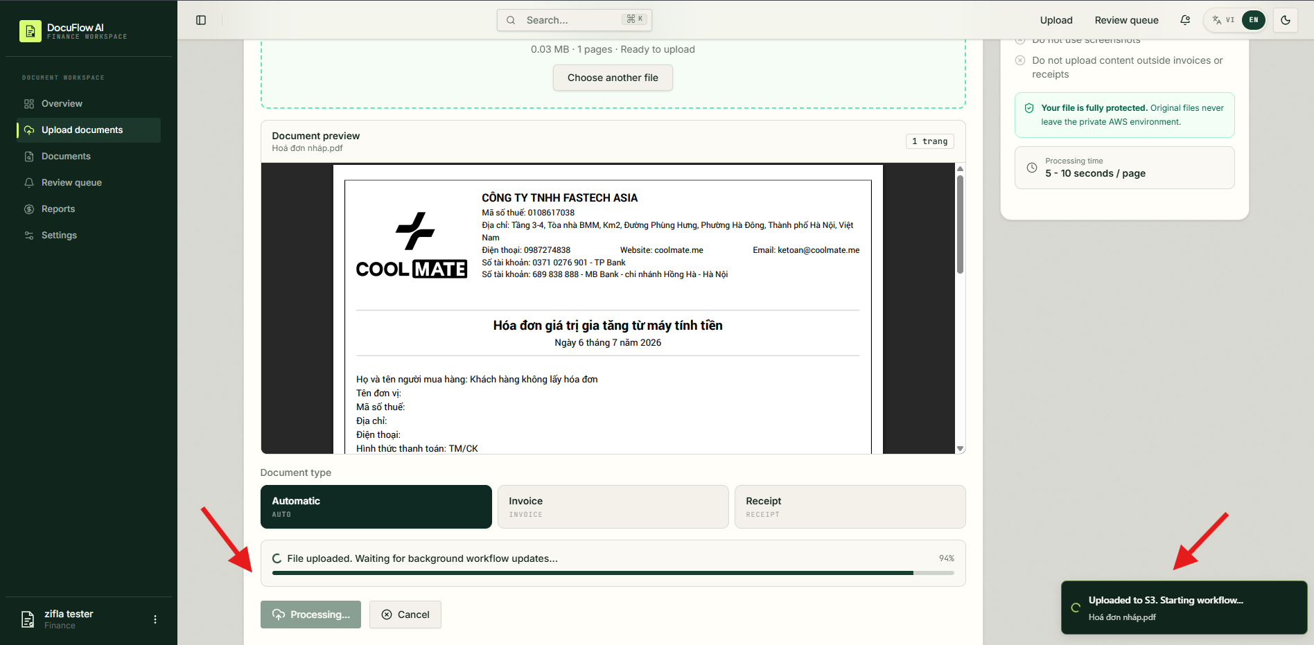 Start document upload and processing