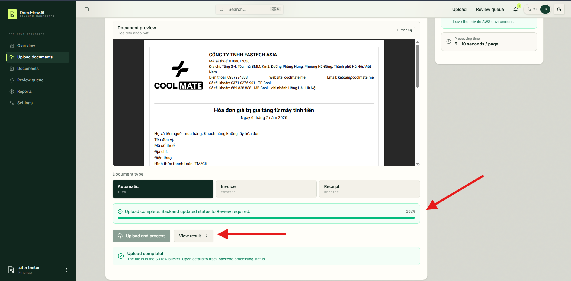 Upload completes and processing starts