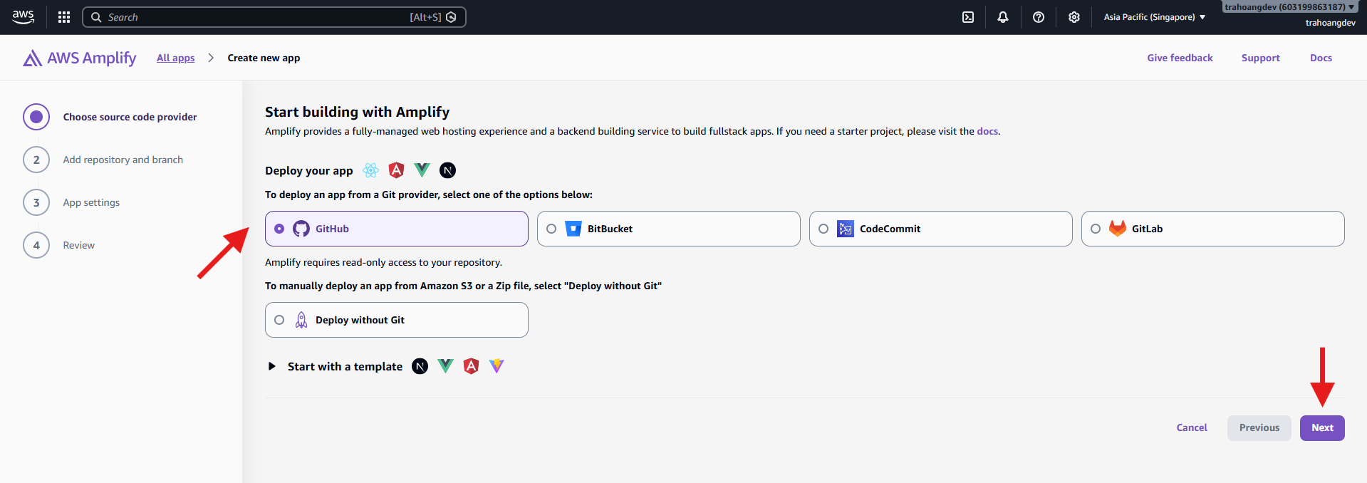 Select GitHub as the source repository provider