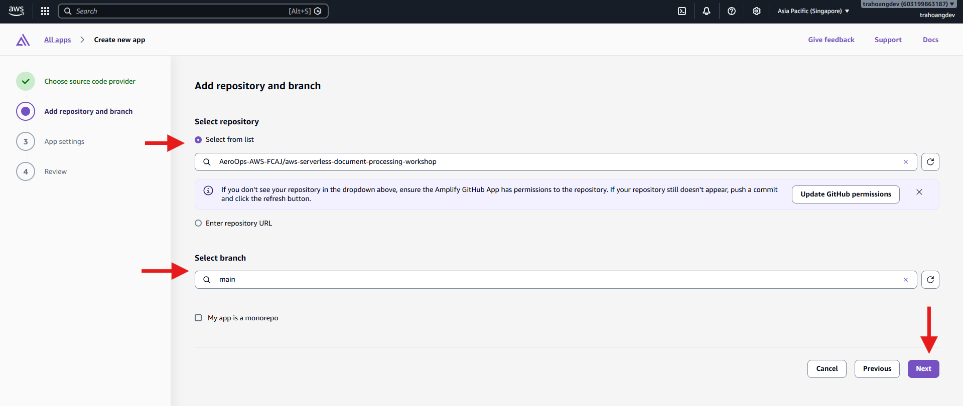Select repository and deployment branch