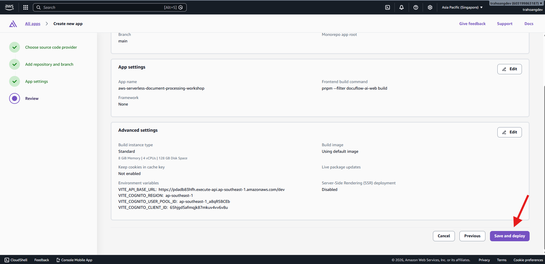 Review configuration and choose Save and deploy