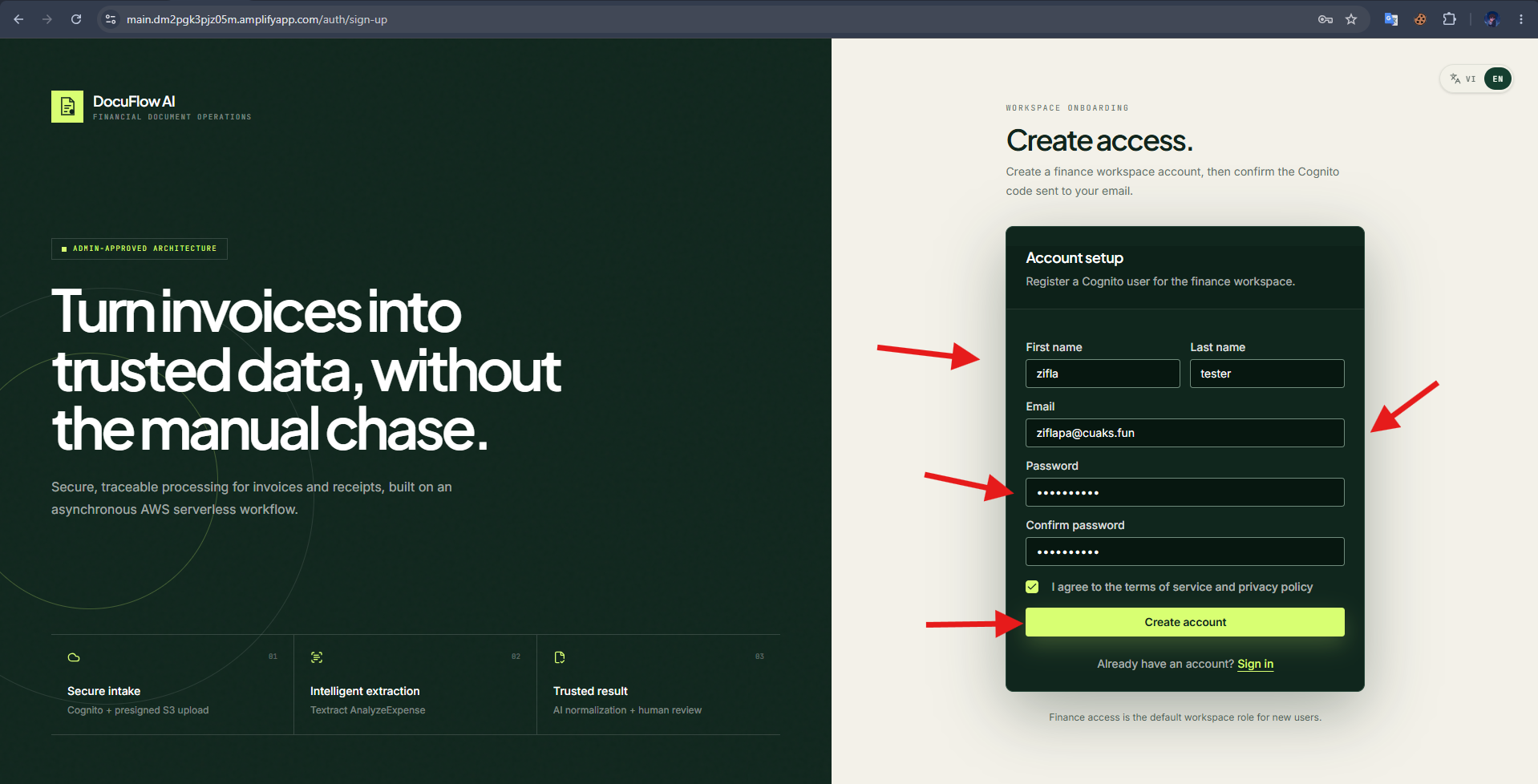 Register an account on the hosted frontend